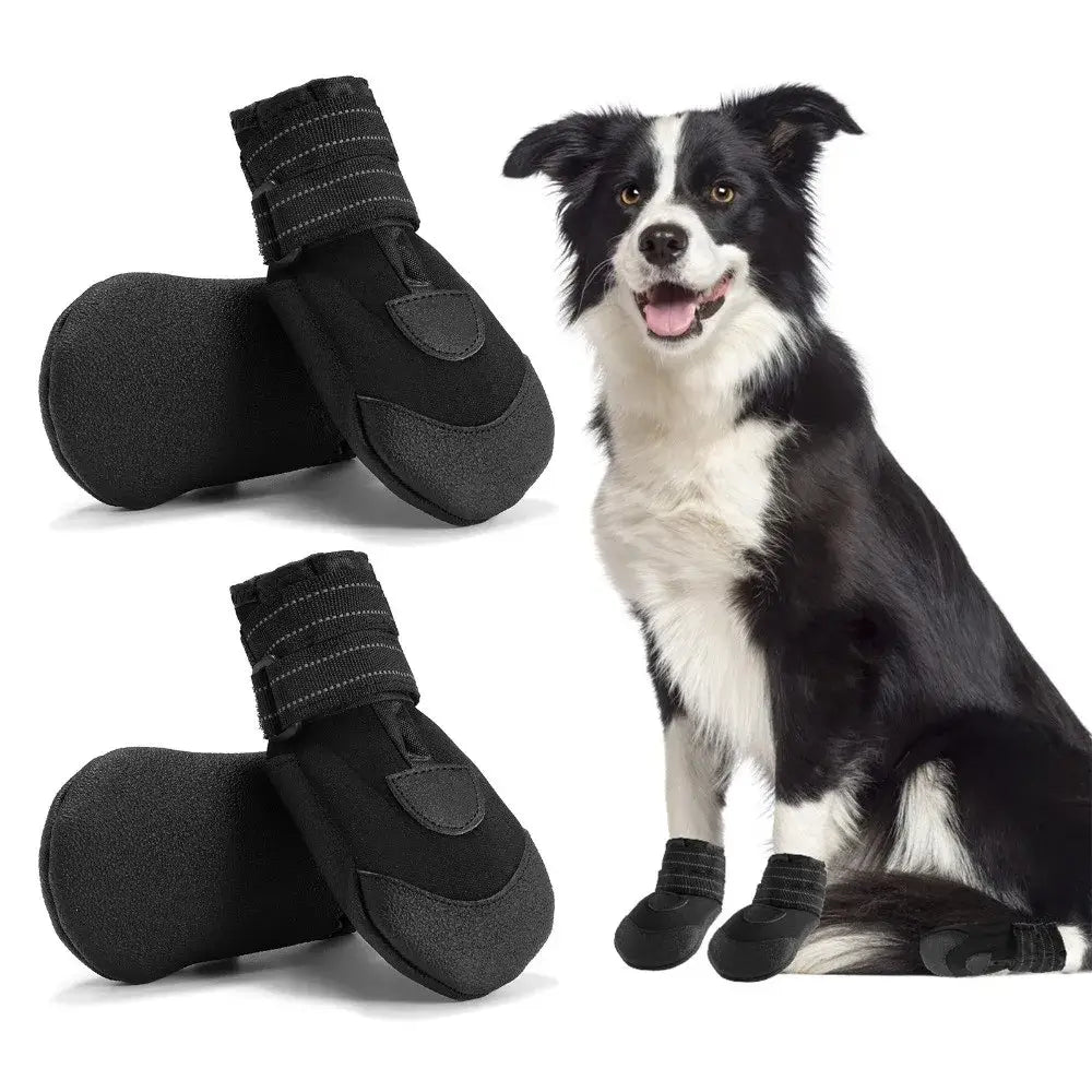 Adjustable waterproof dog boots for outdoor use, featuring anti-slip design and comfortable fit for dogs.
