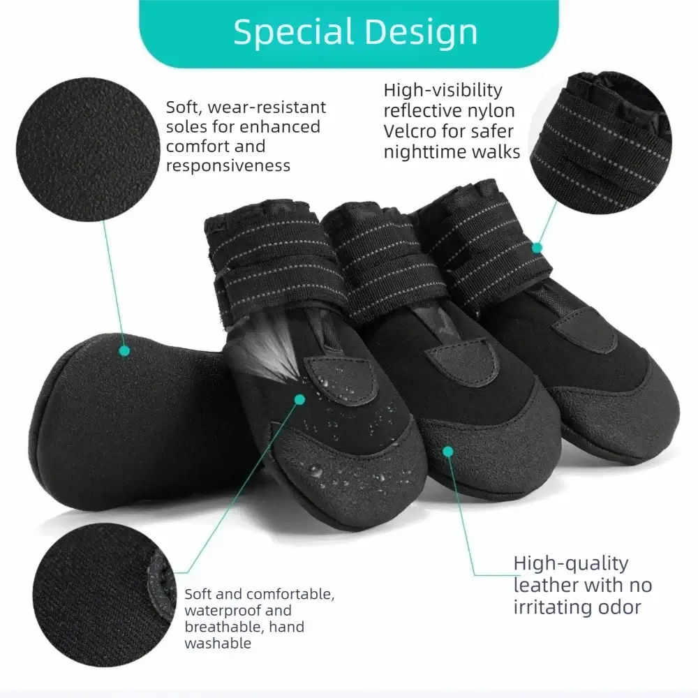 Adjustable waterproof dog boots with wear-resistant soles and reflective straps for safety during outdoor activities.