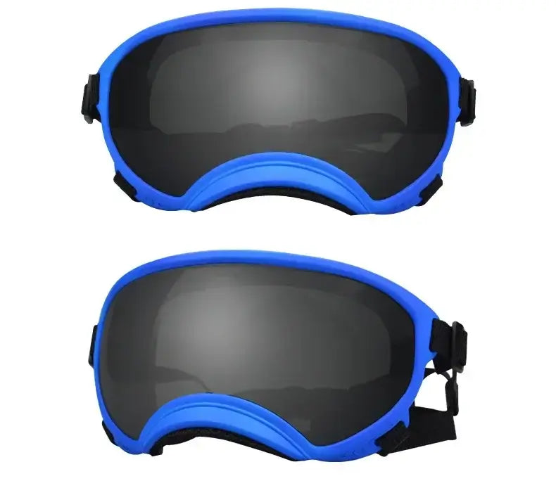 Blue and black adjustable dog goggles with anti-UV, wind and dust proof lenses for small and large breed dogs
