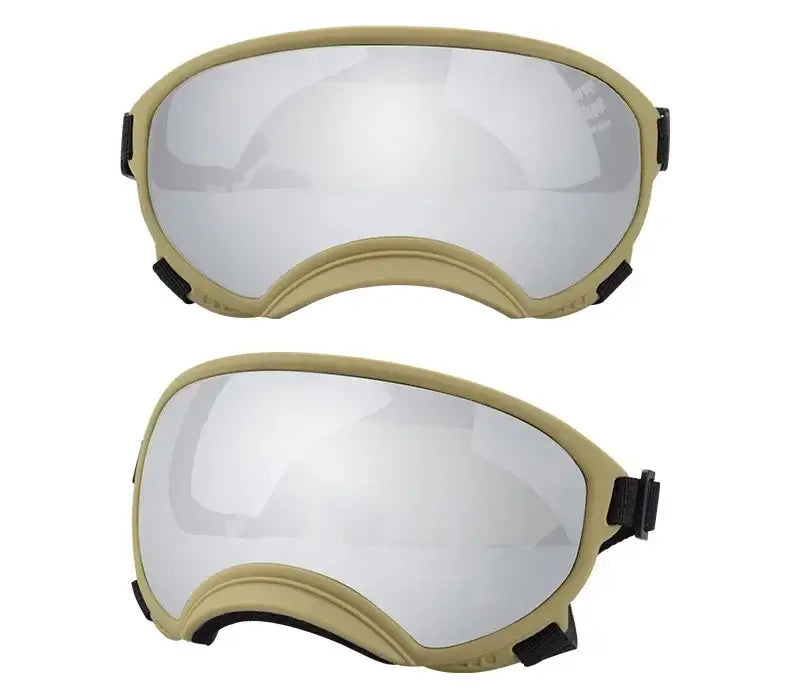 Adjustable dog goggles in khaki and silver, anti-UV windproof pet sunglasses for small and large dogs