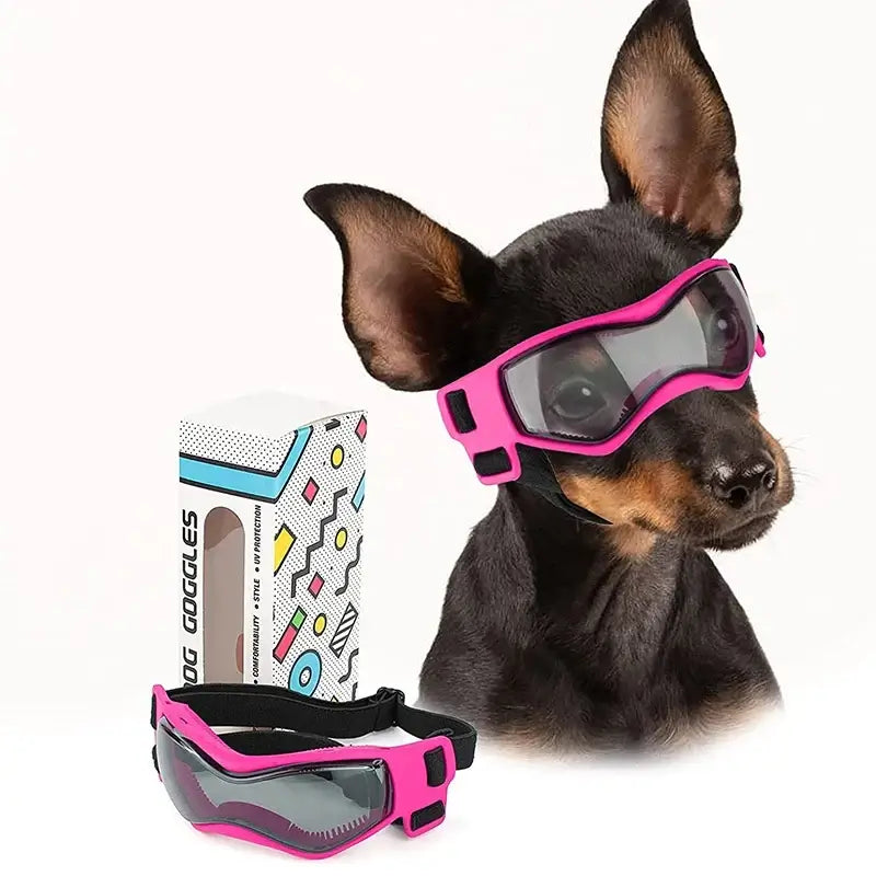 Adjustable dog sunglasses for small breeds, pink UV protection pet goggles for outdoor riding and driving