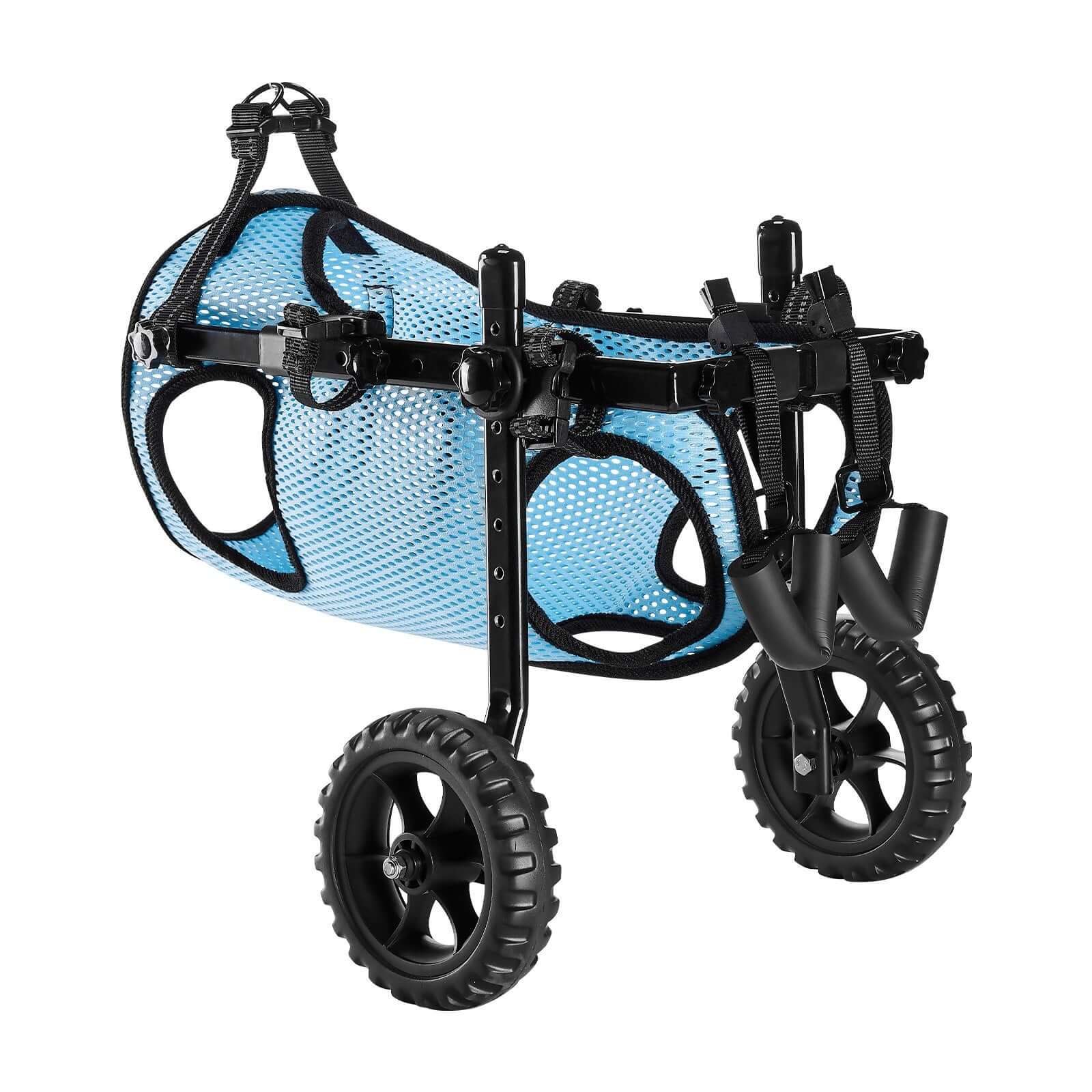 Adjustable dog wheelchair for back legs featuring black frame and blue mesh fabric, perfect for mobility support.