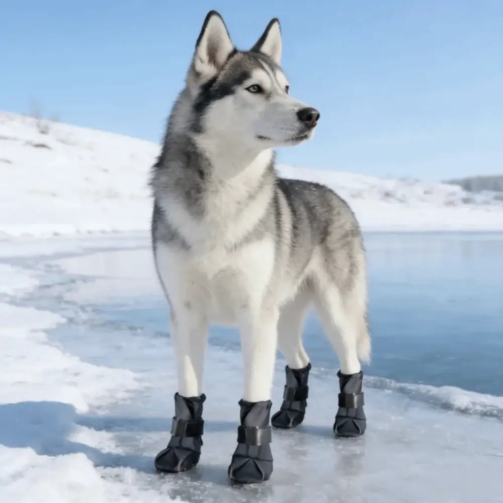 Siberian Husky wearing adjustable waterproof dog boots standing on ice in a snowy landscape.