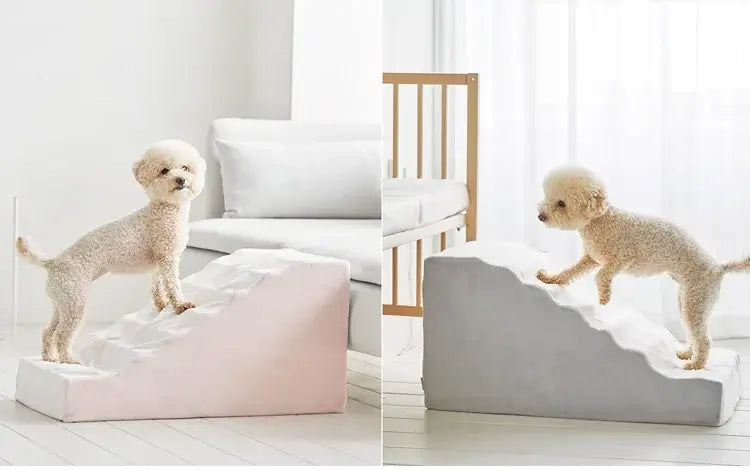 Adorable small dog using anti-slip dog stairs for small dogs in a stylish home setting.