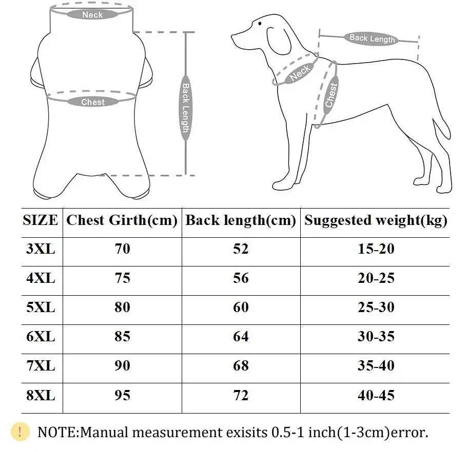 large dog fleece coat size chart for 3XL to 8XL with chest girth, back length, and suggested weight