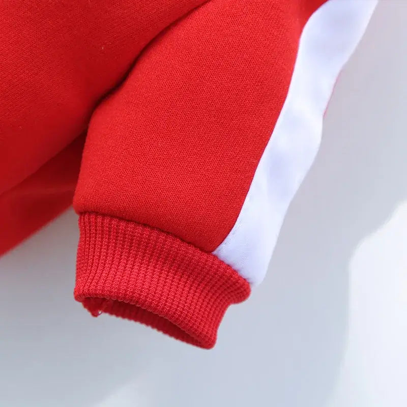 Red baseball dog jacket sleeve with white stripe and ribbed cuff, sporty winter pet coat for small and medium dogs