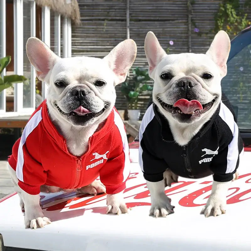 Two French bulldogs wearing a baseball dog jacket in red and black, stylish winter pet coats for small dogs