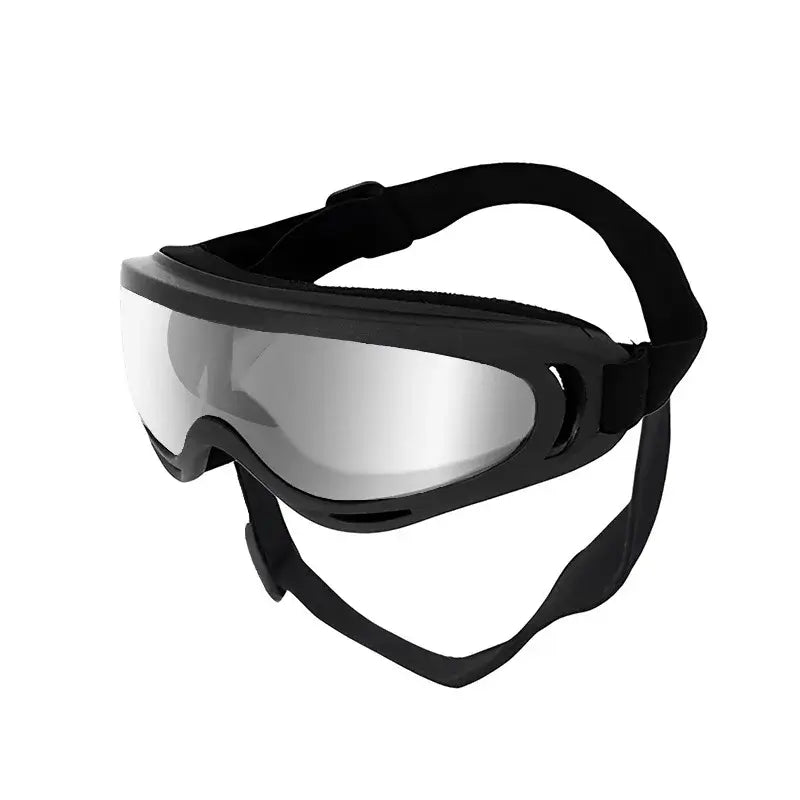 dog sunglasses with silver lenses, adjustable black UV protection goggles for pets with soft PVC frame