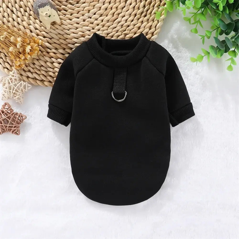 Black dog winter hoodie for small dogs, solid pet sweatshirt, warm pullover coat with D-ring detail