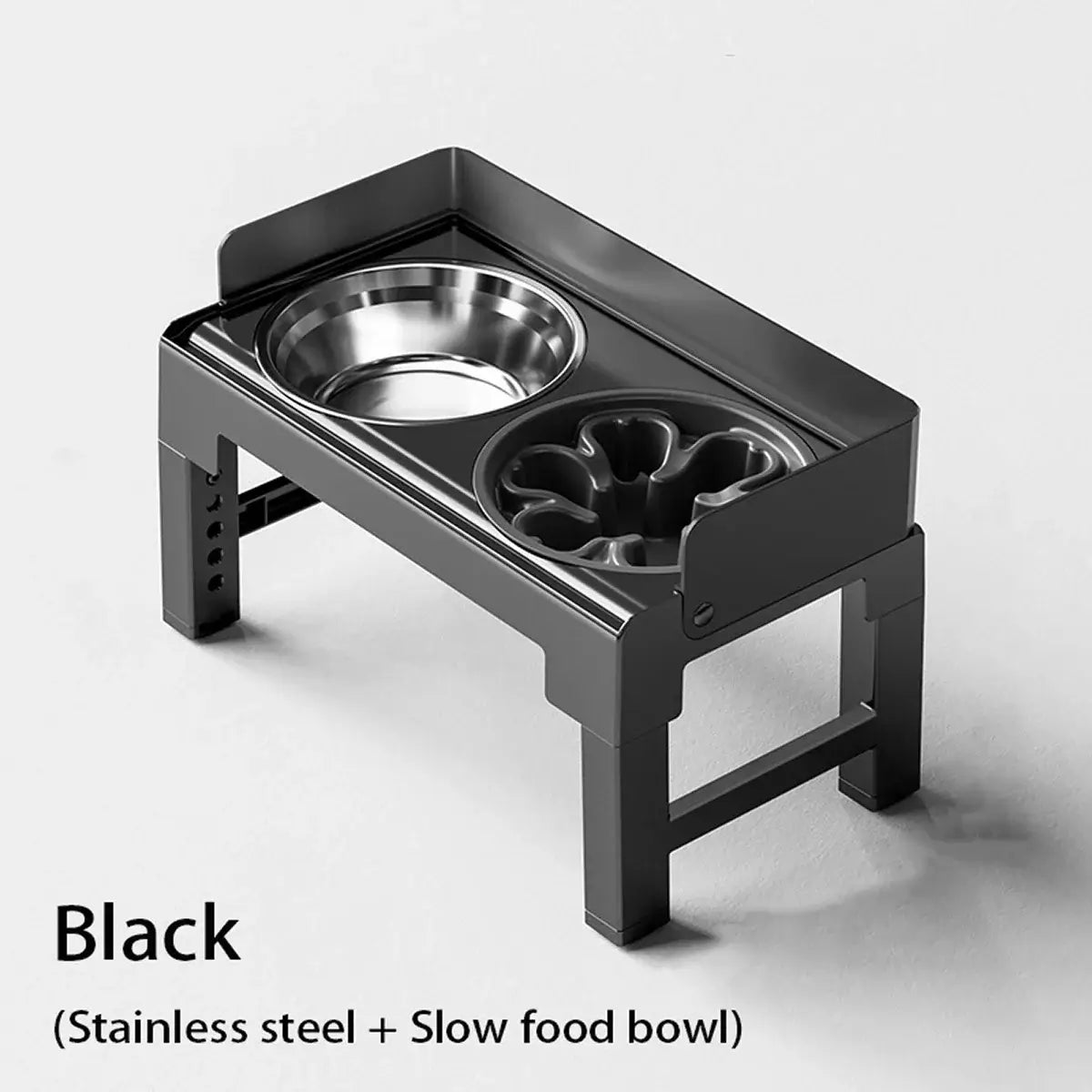 Collapsible Elevated Dog Bowls Adjustable Raised Stand with Double Stainless Steel Food Water Bowls for Small Medium Large Dogs in black.