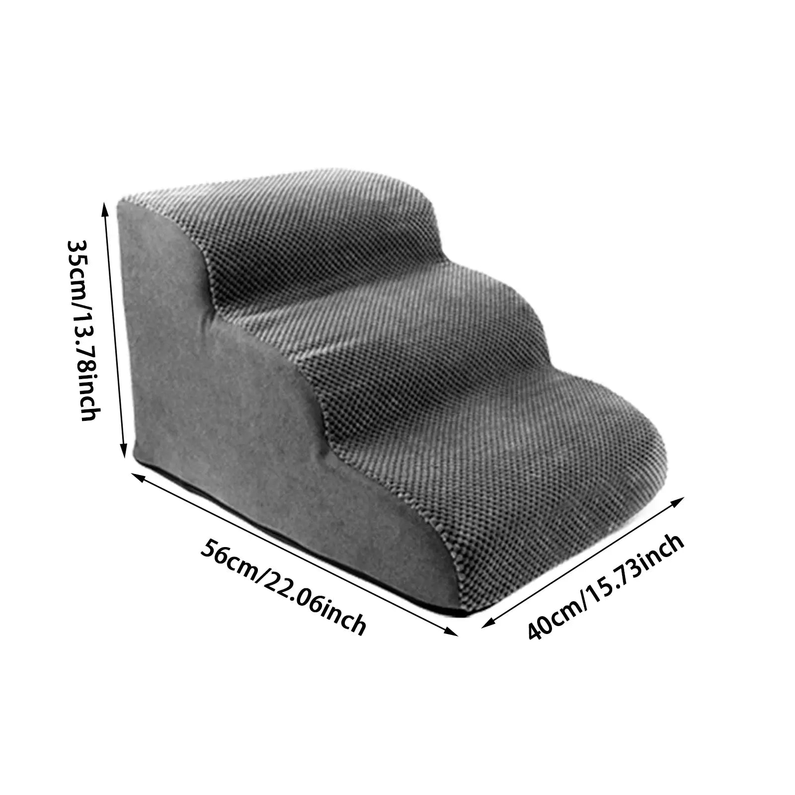 Curved dog stairs ramp with three steps, nonslip design, suitable for small dogs and cats, dimensions displayed.