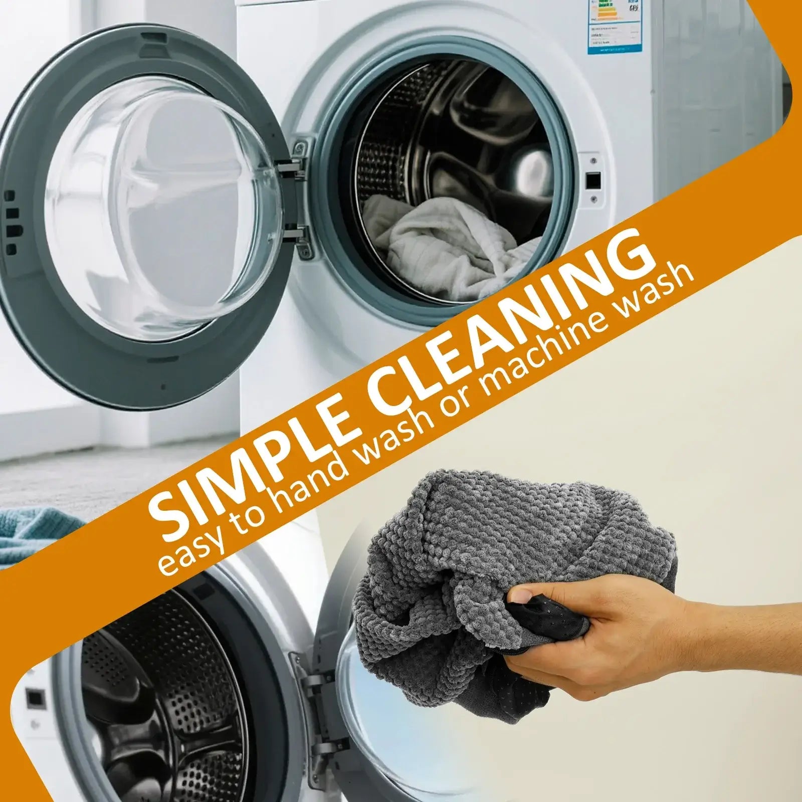 Simple cleaning of laundry with hand wash or machine wash options, featuring a washing machine door and a hand holding a towel.