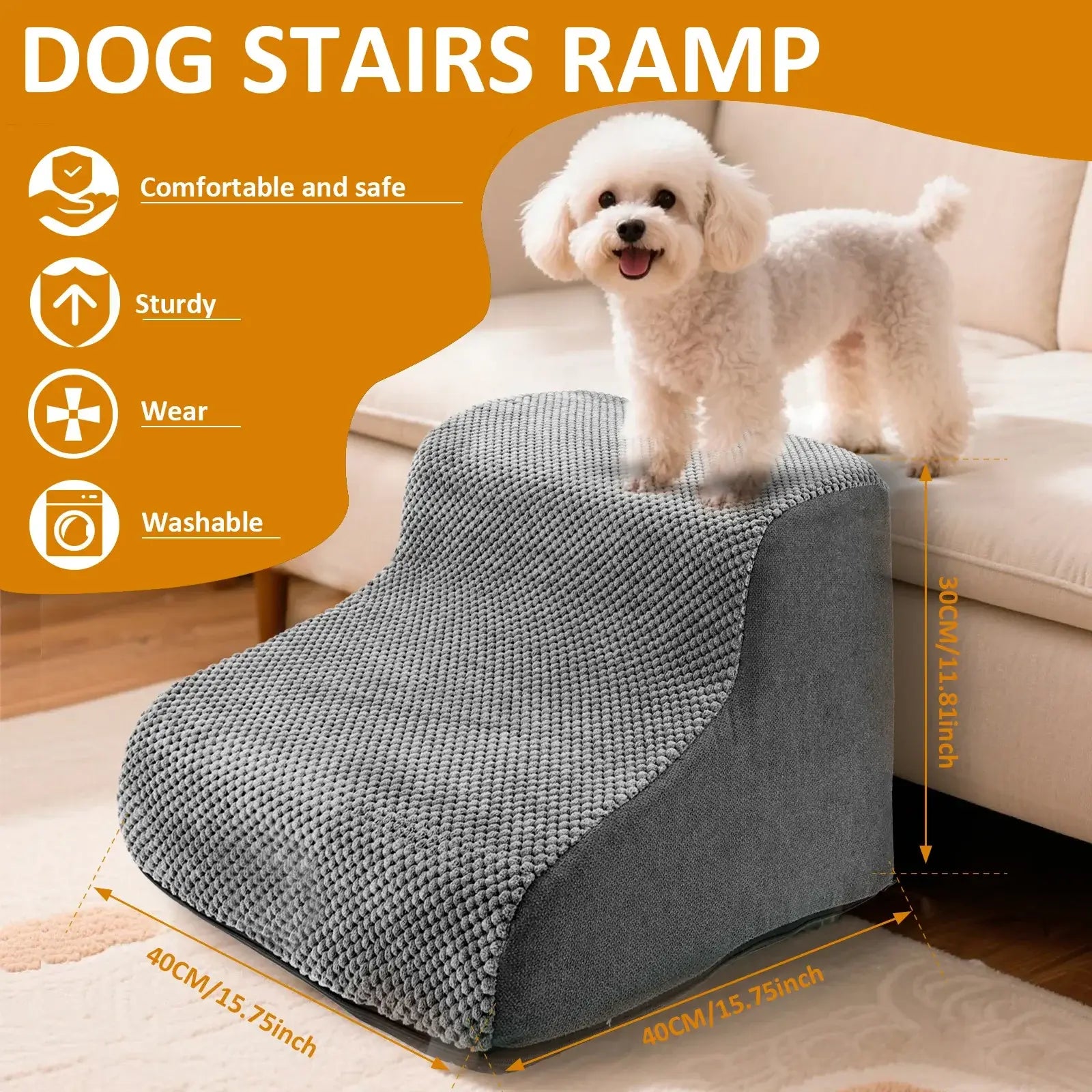 Curved dog stairs ramp for pets, featuring a sturdy, washable design with a comfy surface for small dogs and cats.