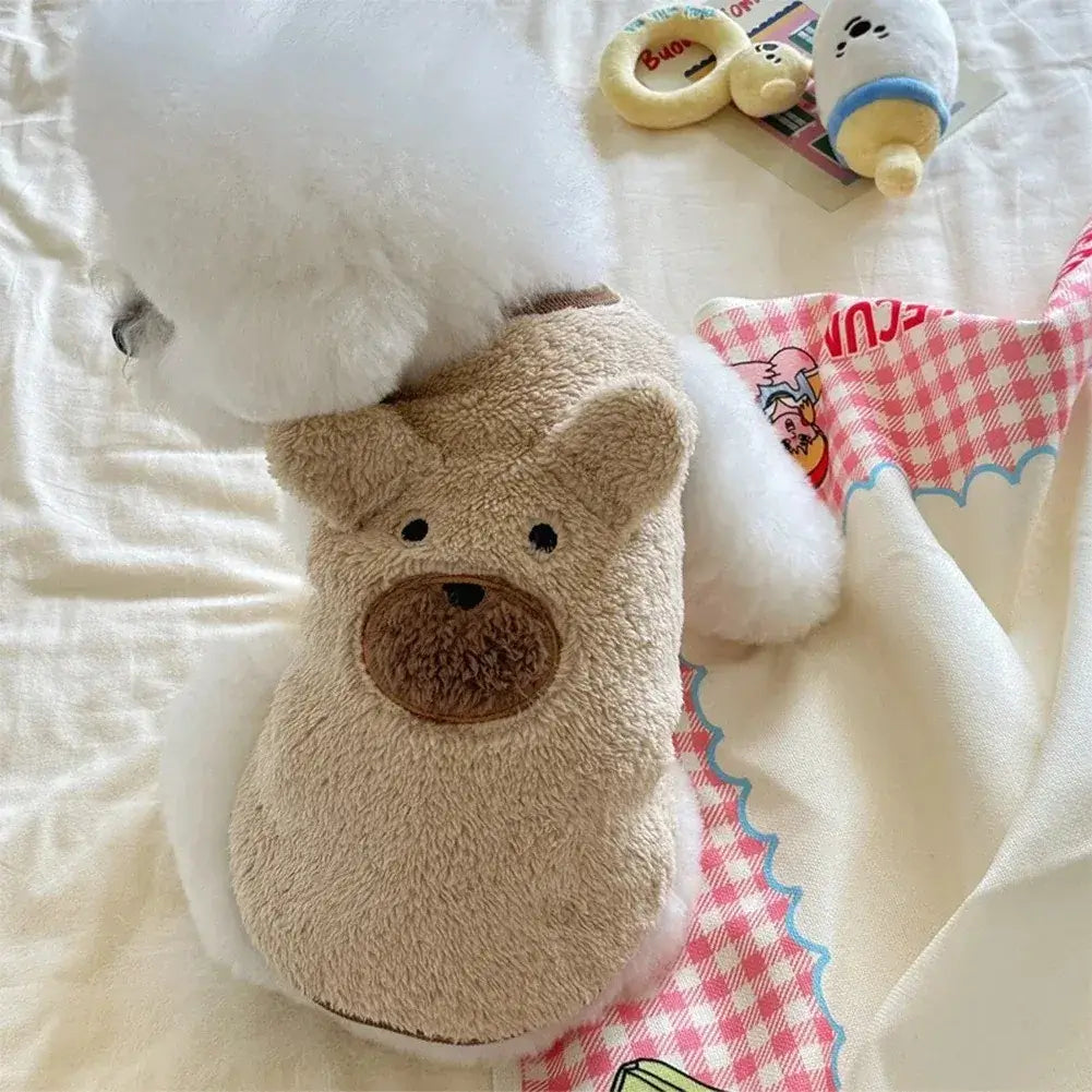 Beige bear dog sweater vest with fluffy 3D bear design for small dogs, warm fleece plush pet clothes