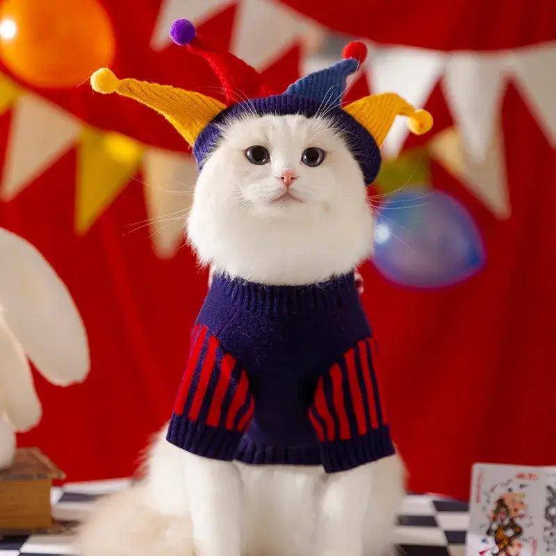 dog sweater with hat set plaid puppy coat for cat or dog, winter warm pet clothes, colorful jester hat and sweater