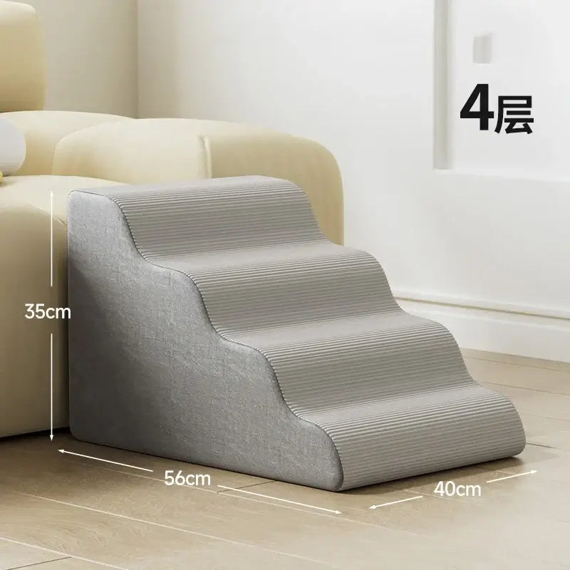 detachable washable dog ramp for small pets in grey color, featuring 4 steps and dimensions 56cm x 40cm x 35cm.
