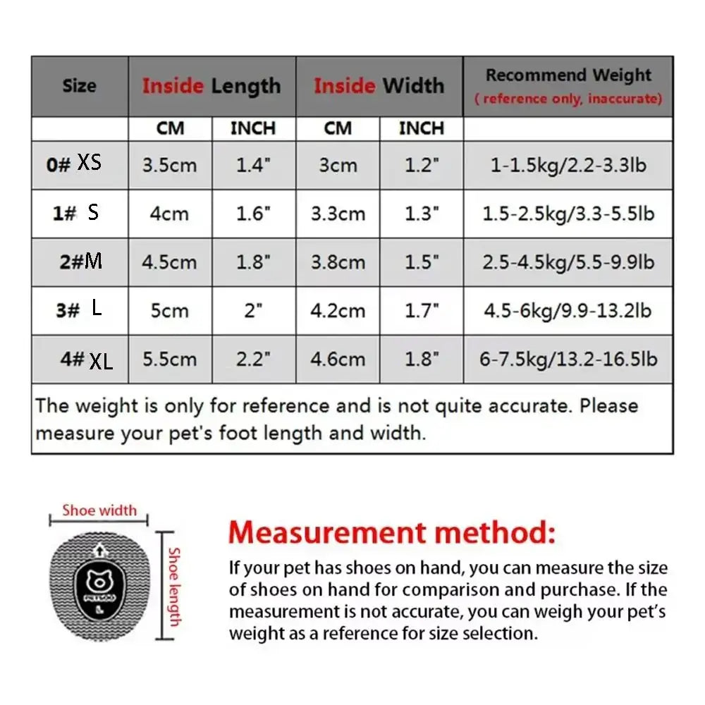Size chart for winter dog boots for small dogs showing dimensions and recommended weights.