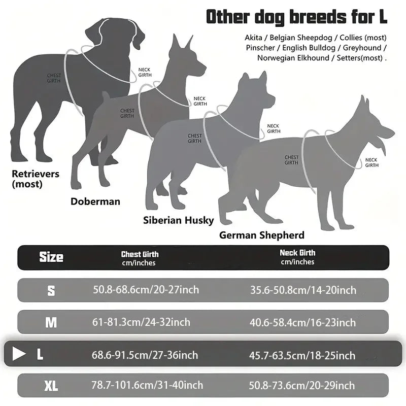 Image showing other dog breeds for L size dog harness: Doberman, Siberian Husky, German Shepherd.
