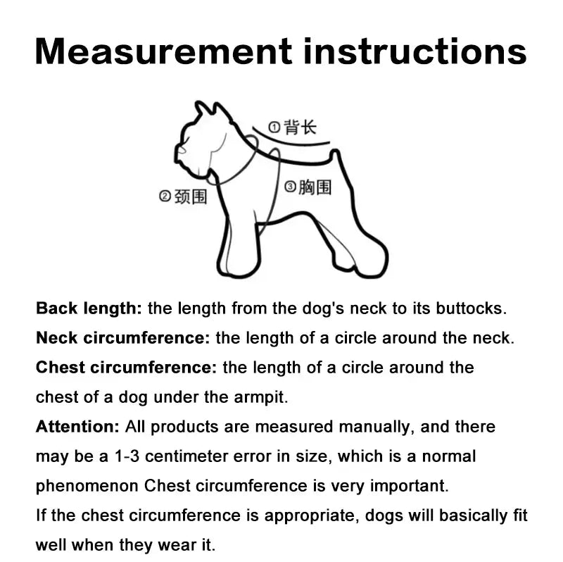 Measurement instructions for warm dog winter jacket size guide showing back length, neck and chest circumference for dogs