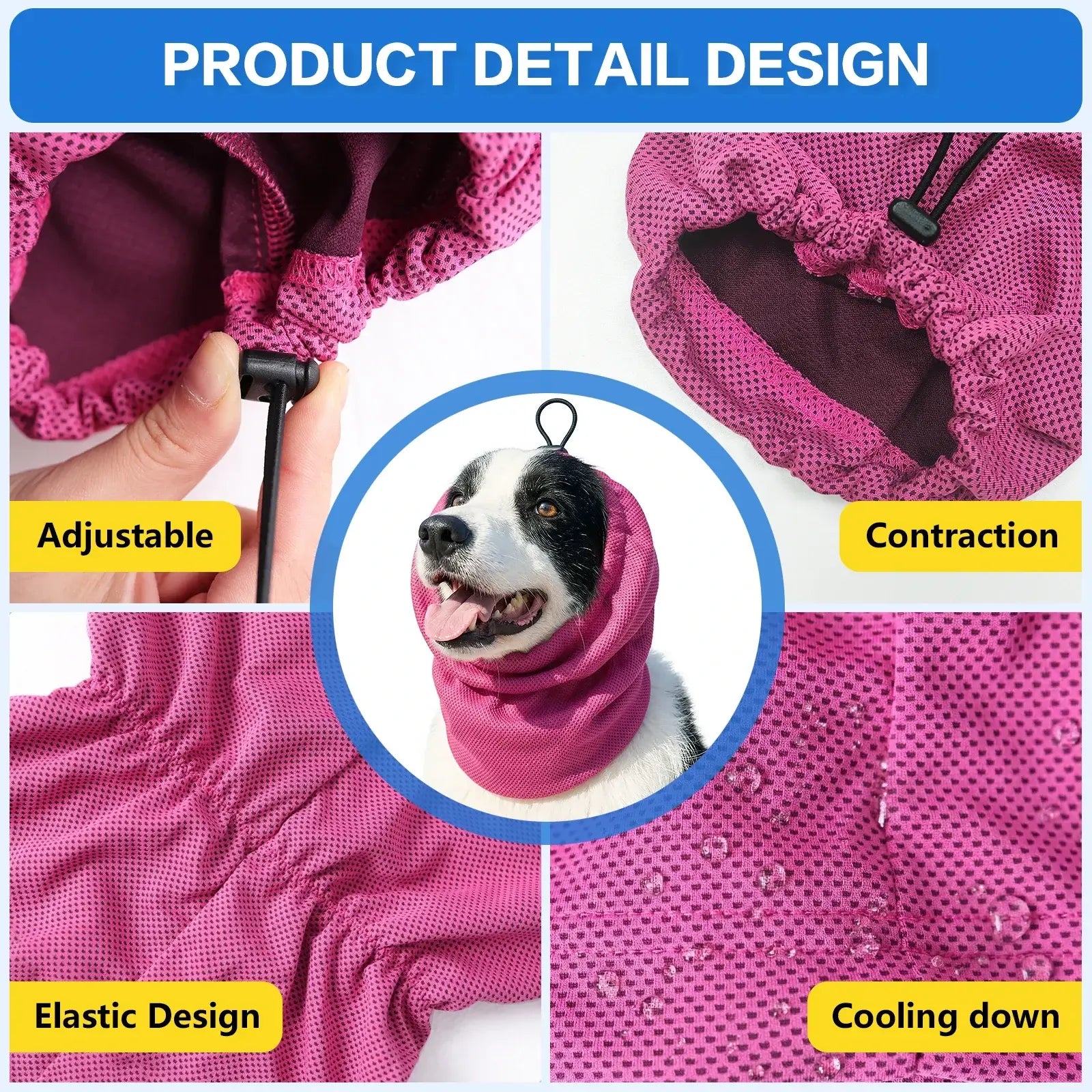 Dog cooling bandana with adjustable elastic neck wrap for dogs, pink cooling scarf for summer hiking, camping, and training