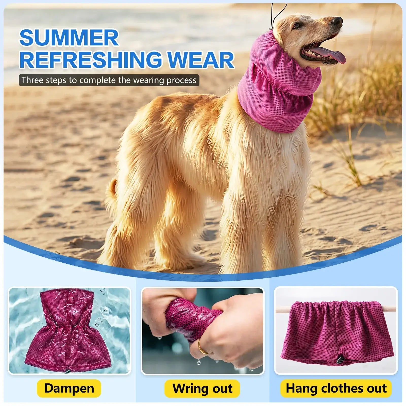 dog cooling bandana on a golden retriever for summer cooling, hiking, camping, and outdoor pet comfort