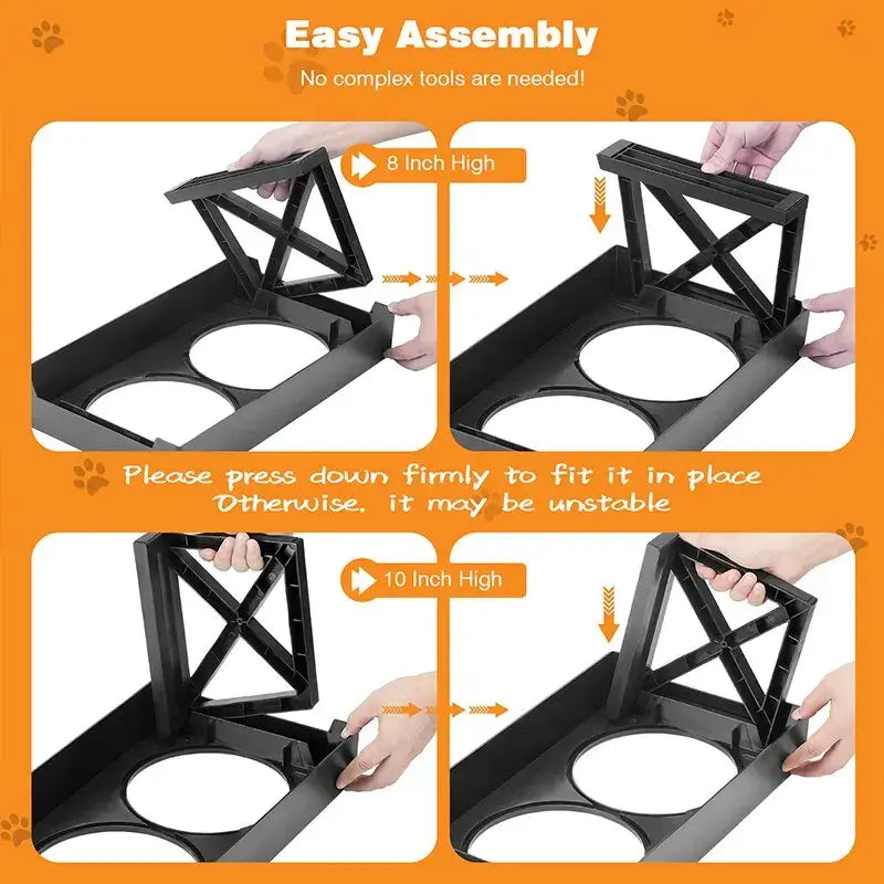 Dog Double Elevated Bowls Stand 3 Adjustable Height Pet Slow Feeding Dish Bowl assembly guide with clear height options.