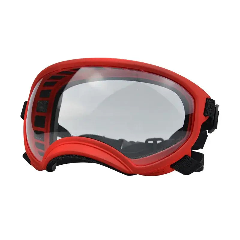 Red dog sunglasses with UV protection, adjustable strap, clear lens pet ski goggles for travel and outdoor use