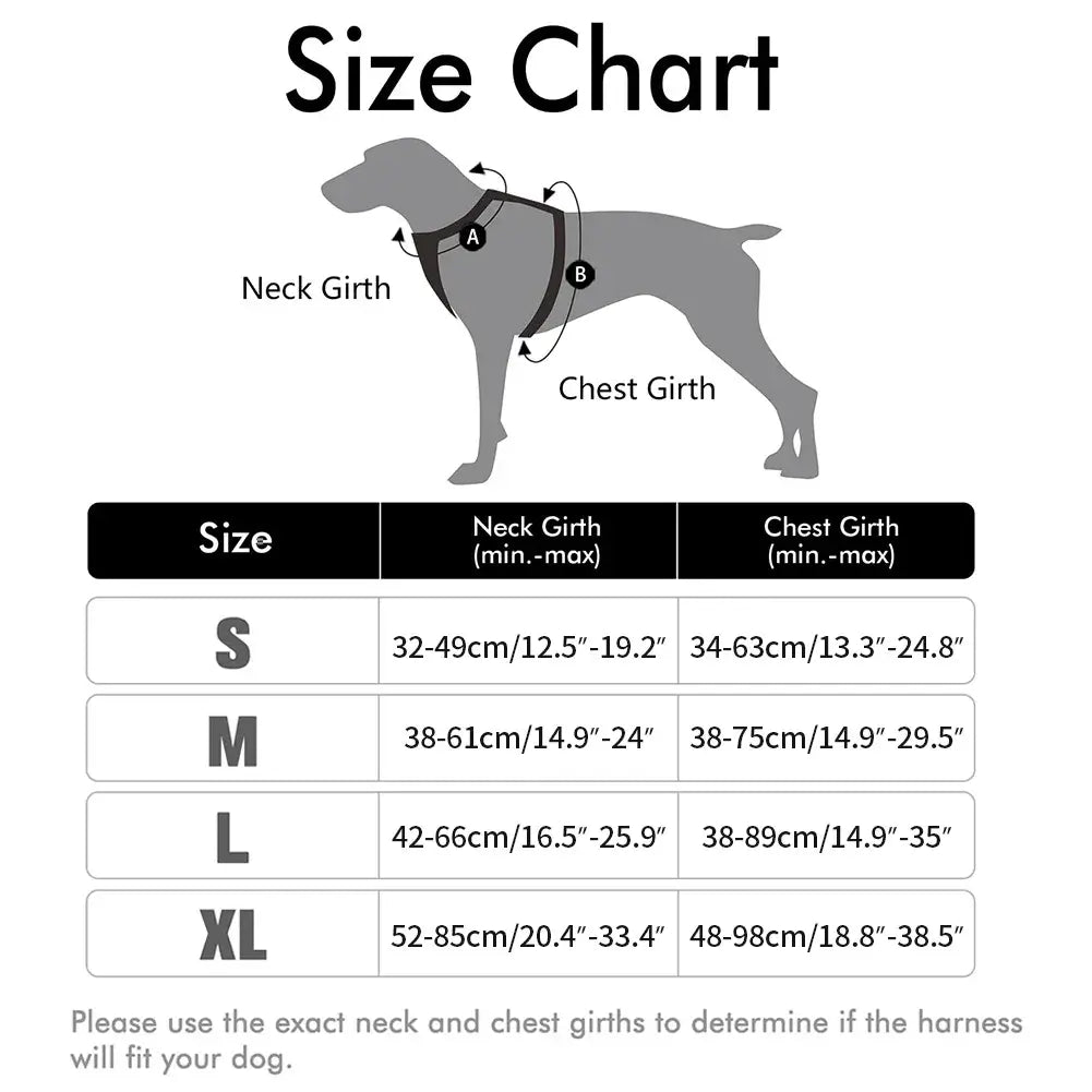 Size chart for Dog Harness No-Pull Service Vest with Reflective Adjustable Soft Padded Comfortable for Outdoor Easy Walking No Choke for Pets.