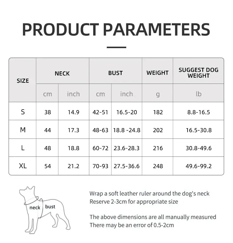 Product parameters chart for Dog Harness, No Pull Harness, Reflective No-Choke Pet PU Vest with size and weight recommendations.