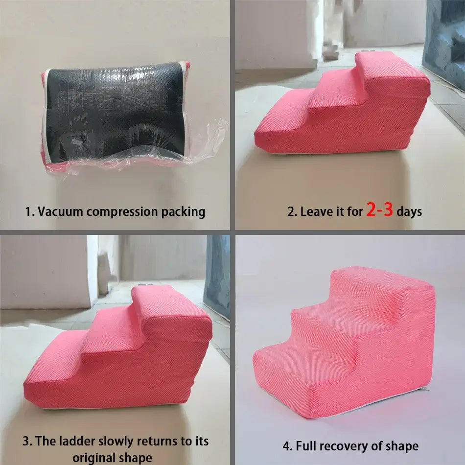 Dog safety ramp for elderly pets assembly steps showing vacuum packing, recovery time, and final shape.