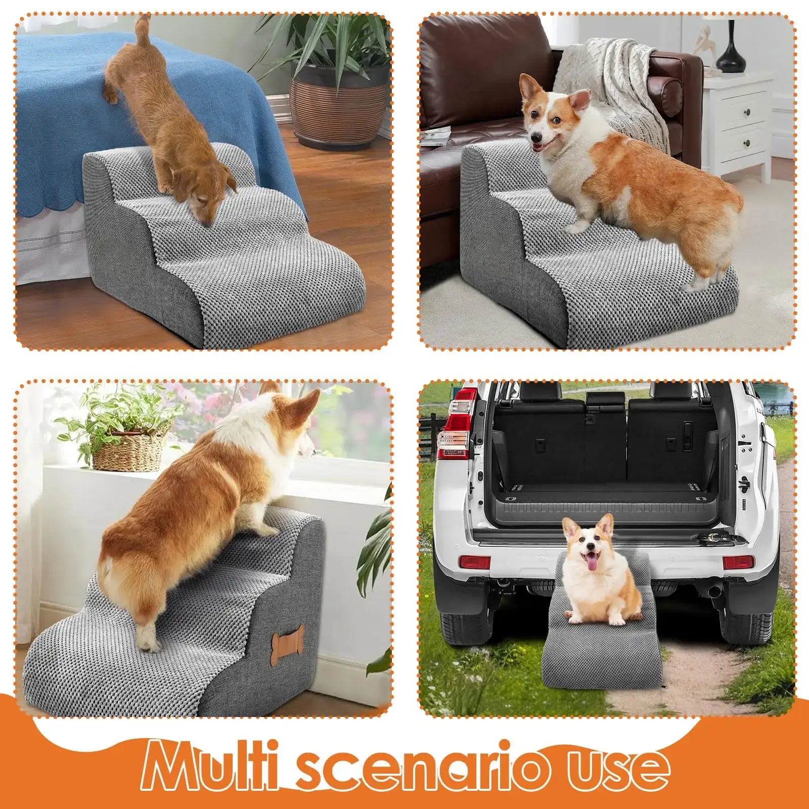 dog safety ramp for elderly pets in various scenarios, providing easy access for dogs to sofas and cars.