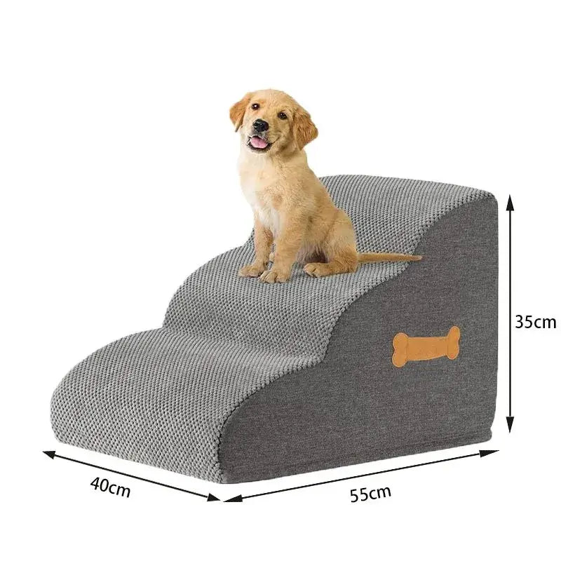 dog safety ramp for elderly pets featuring soft foam staircase design with a puppy sitting on top, dimensions 55cm x 40cm x 35cm.