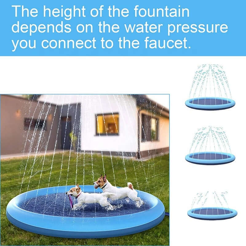 Two dogs playing in an outdoor dog swimming mat splash pad with water spraying from above