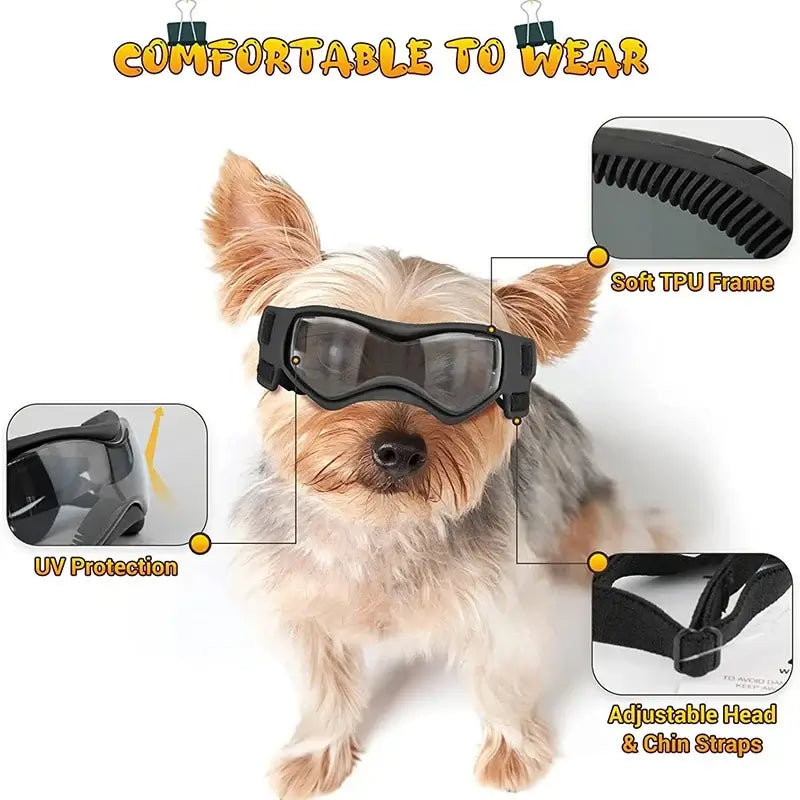 adjustable dog sunglasses for small breeds with UV protection, soft TPU frame, and adjustable head and chin straps