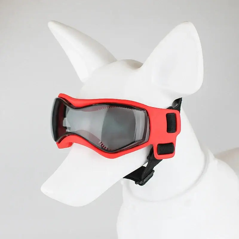 Adjustable dog sunglasses with UV protection, soft red goggles for small breeds, easy wear pet eyewear for outdoor rides