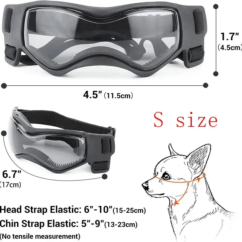 Adjustable dog sunglasses for small breeds, soft UV protection pet goggles with elastic straps, S size dog riding glasses
