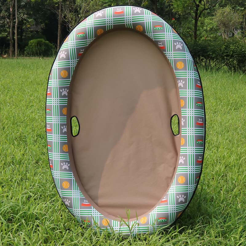 inflatable dog swimming pool float featuring a brown plaid design, ideal for pets in summer.
