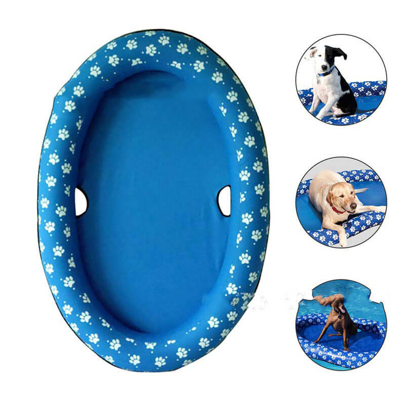 inflatable dog swimming pool float with paw print design for pets to relax in summer.