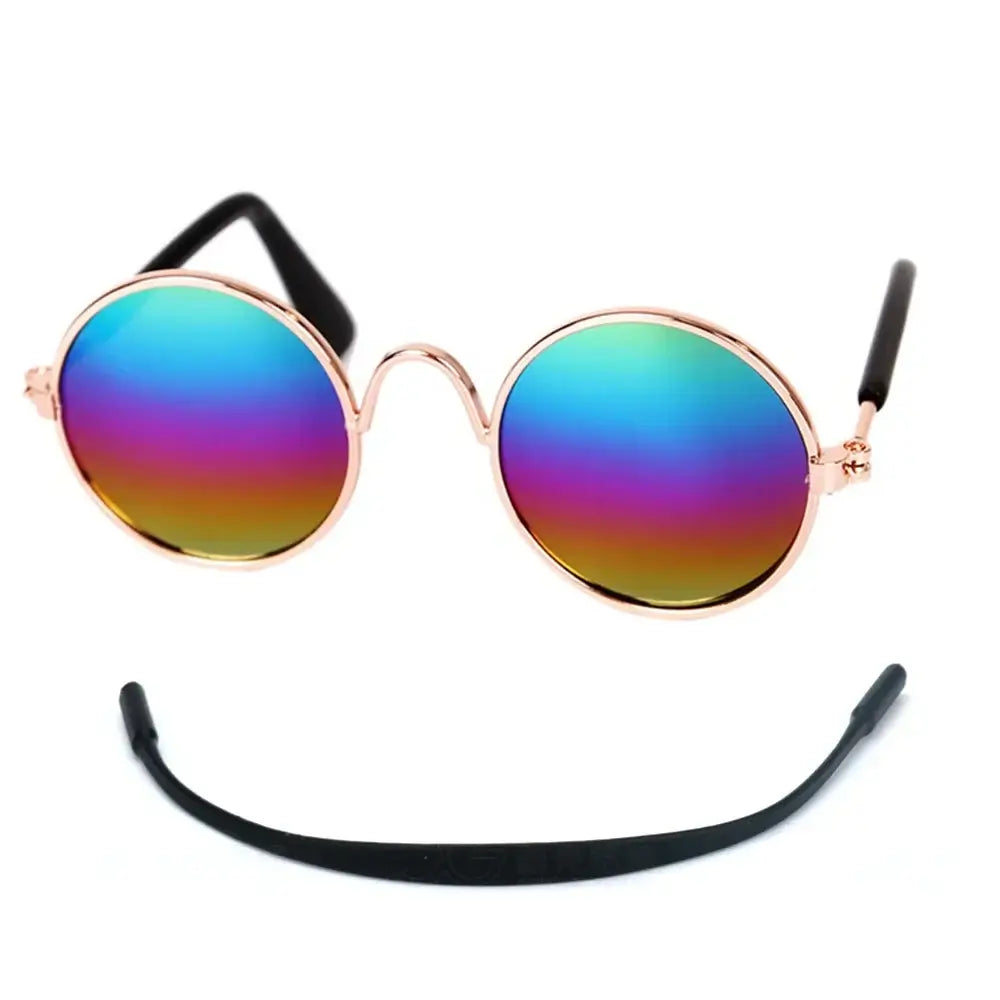 dog vintage round glasses rainbow reflective metal pet sunglasses for dogs and cats, vintage round style