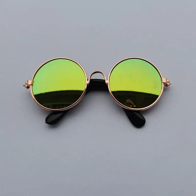 dog vintage round glasses with gold frame and green film lenses, vintage pet accessory for dogs and cats