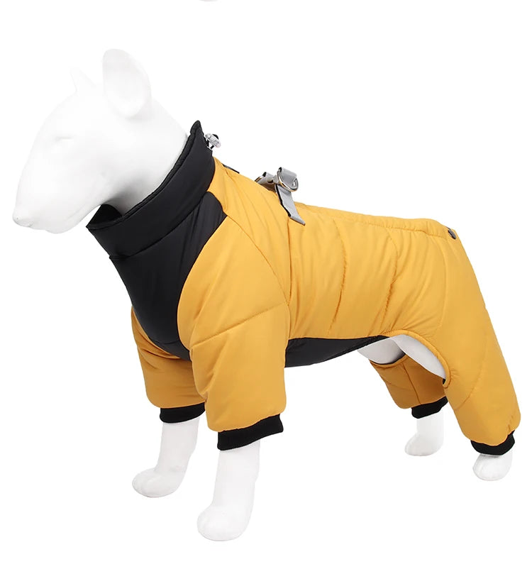 Dog Clothes Four Feet Clothing Warm Winter Coat Reflective Rainproof Dog Clothes Windproof Overall for Dogs Pet Cotton Clothes on a mannequin.