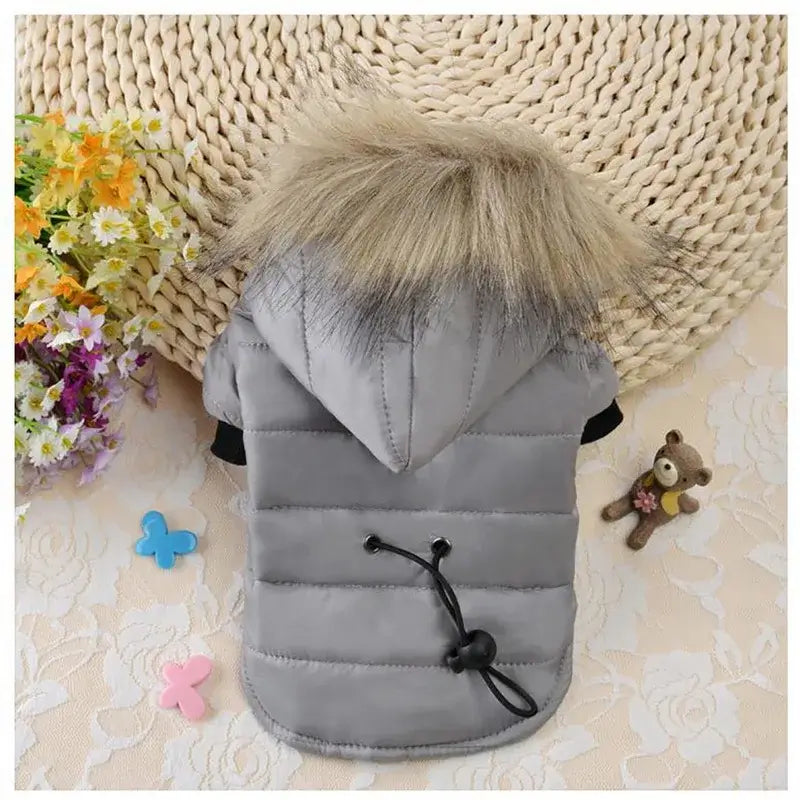 small dog winter jacket gray hooded pet coat with fur trim for dogs, cats, and puppies in cold weather