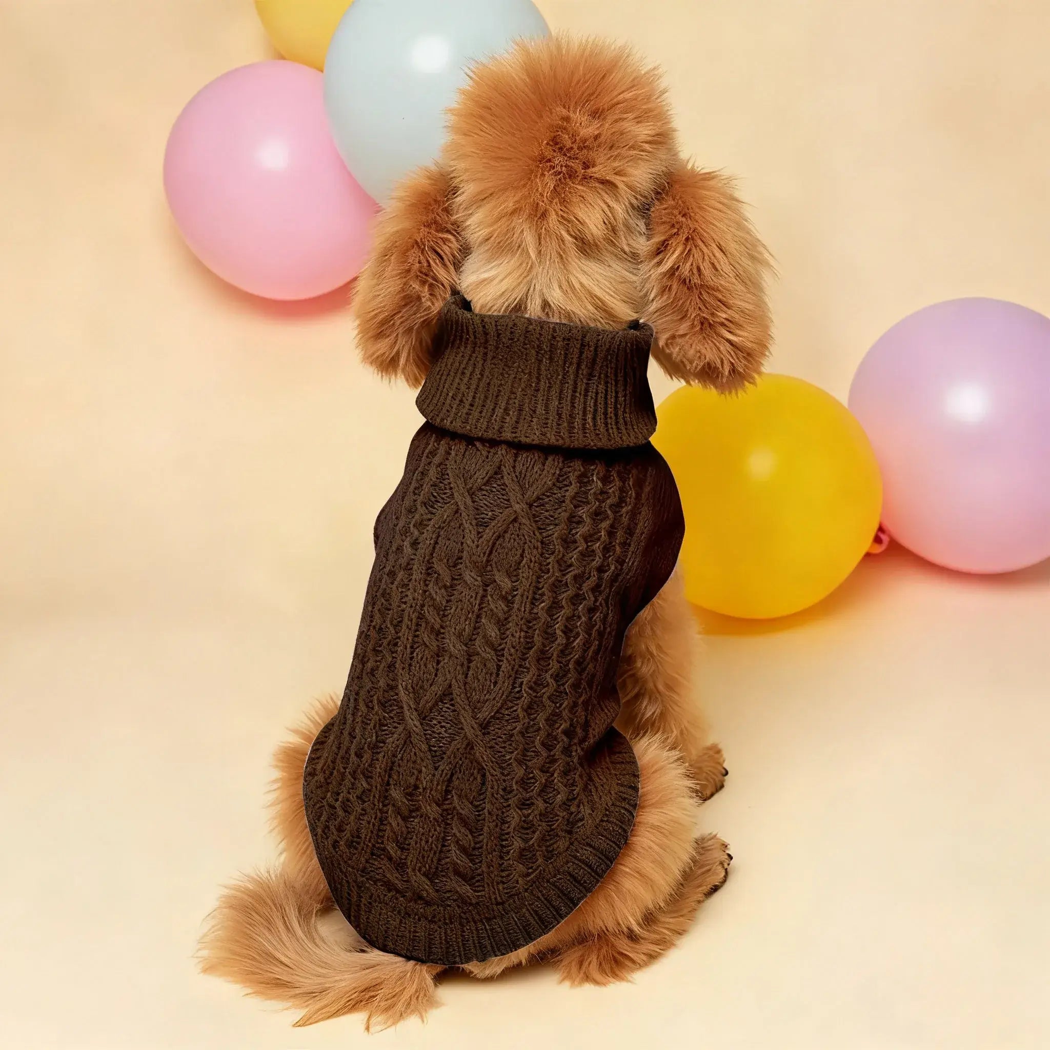 Dog winter sweater for small dogs, soft brown knitted pet clothing with warm turtleneck design