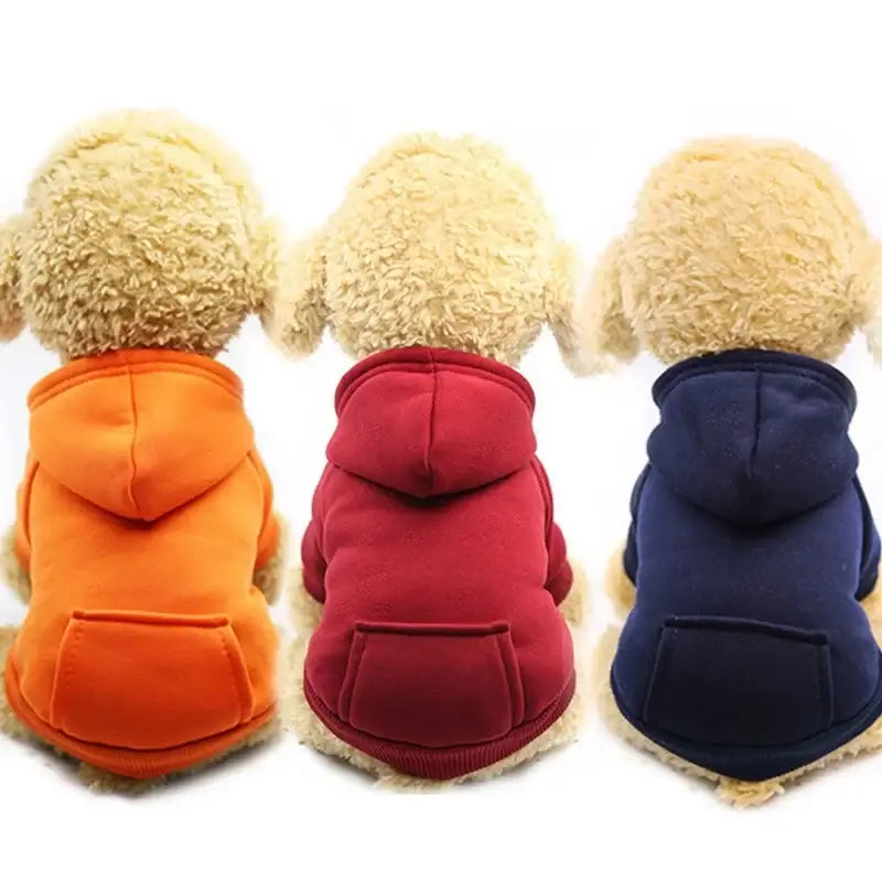 dog winter coat fleece hooded pet jacket in orange, red, and navy blue for warm dog and puppy cold-weather wear