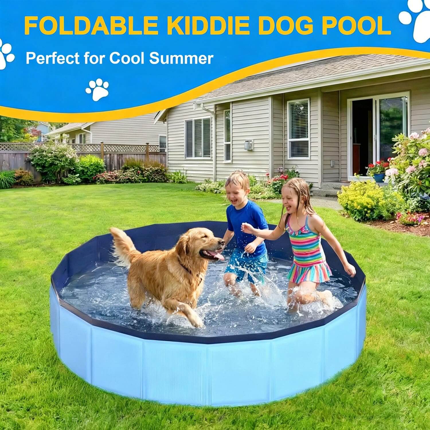 Children playing with a dog in a collapsible dog swimming pool in a backyard during summer.