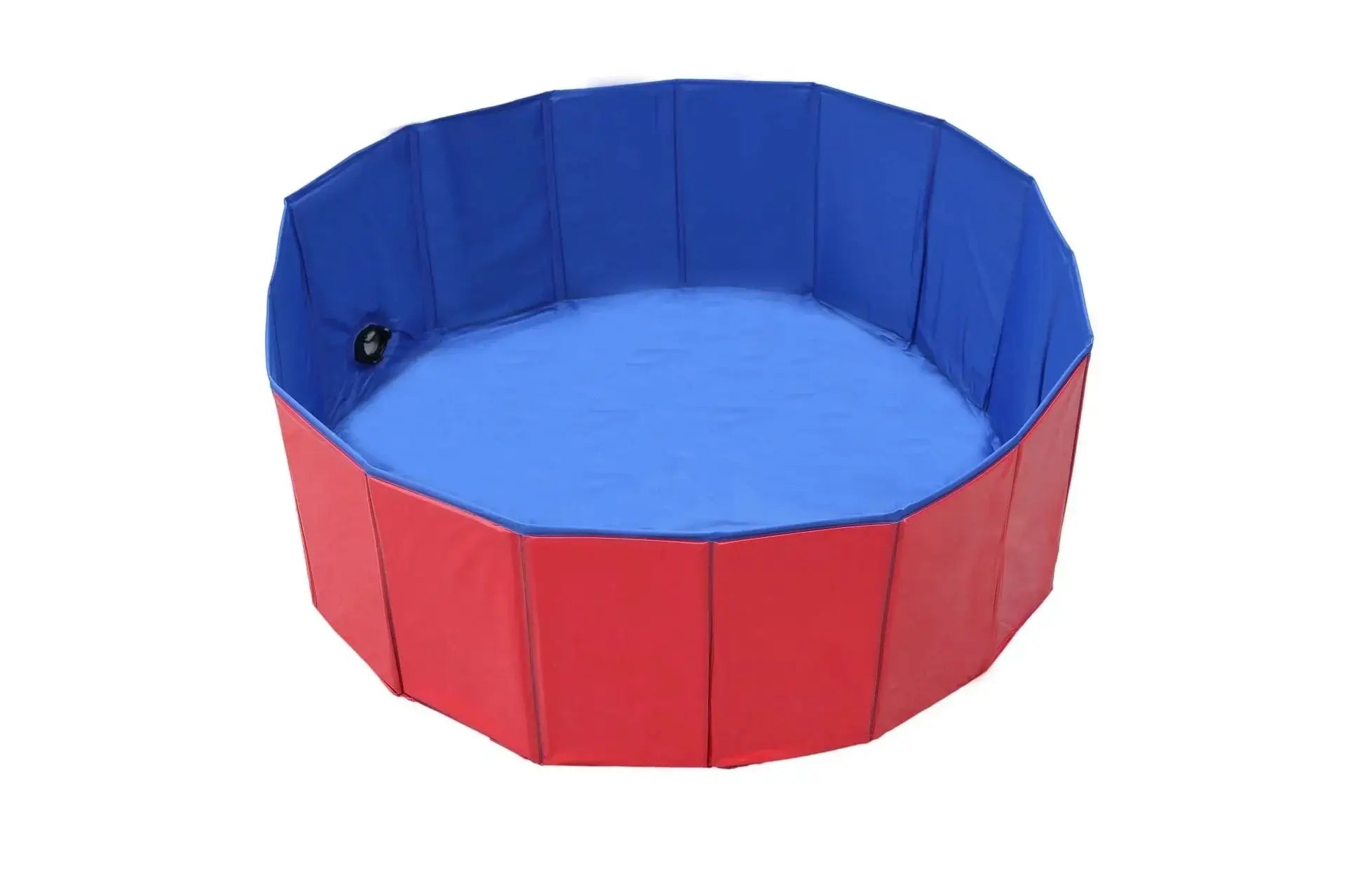 Foldable pet pool in red and blue, ideal for outdoor use, portable dog bathing tub for dogs and cats.