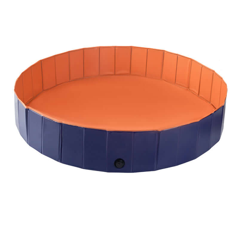 Folding dog pool in dark blue and orange, designed for wear resistance and easy setup, perfect for pets.