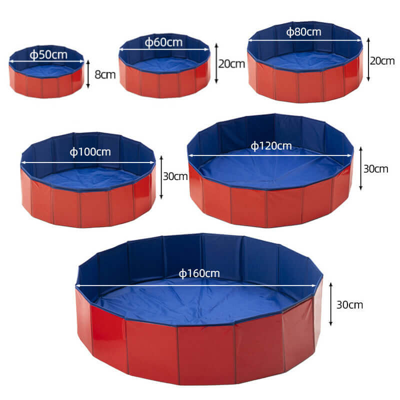 Folding dog pool sizes displayed, featuring red and blue colors, perfect for pets to enjoy during summer.