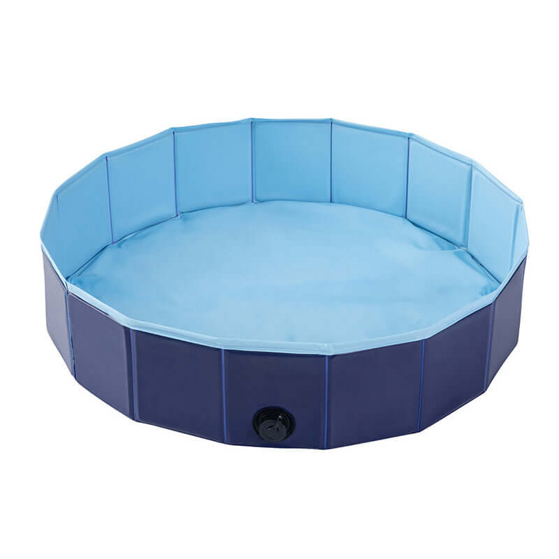 Folding dog pool in dark blue and light blue, durable PVC material, perfect for pets to cool off.