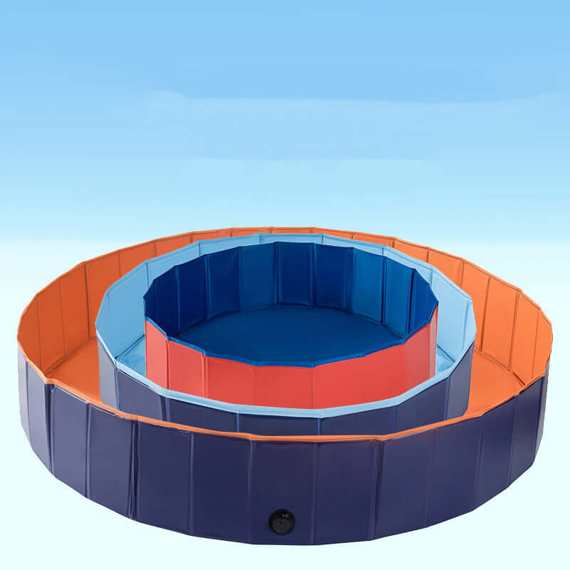 Folding dog pool in dark blue, light blue, orange colors, designed for pets, shown in various sizes.
